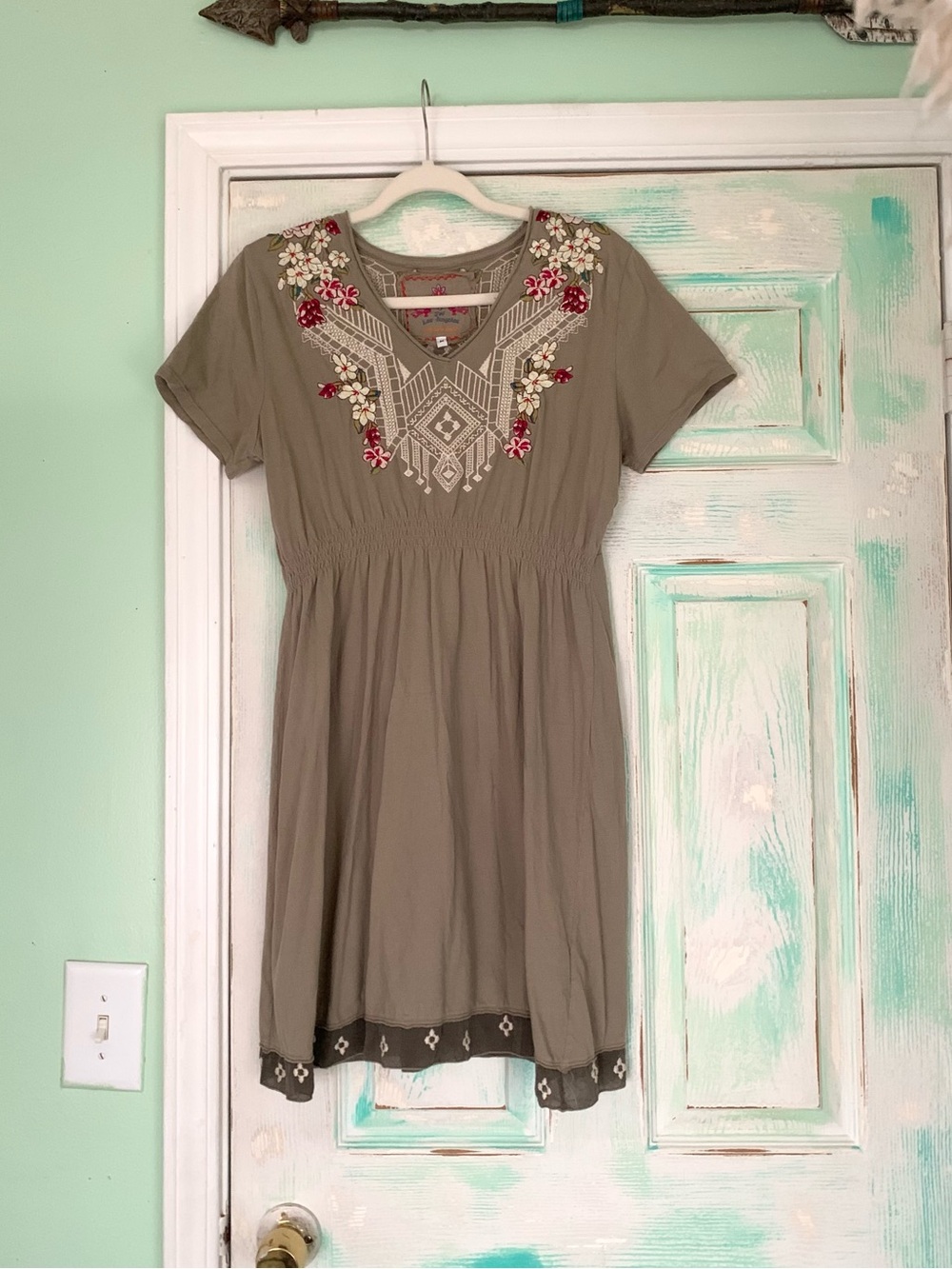 JW Johnny Was Green/Grey Embroidered Tunic Dress Medium